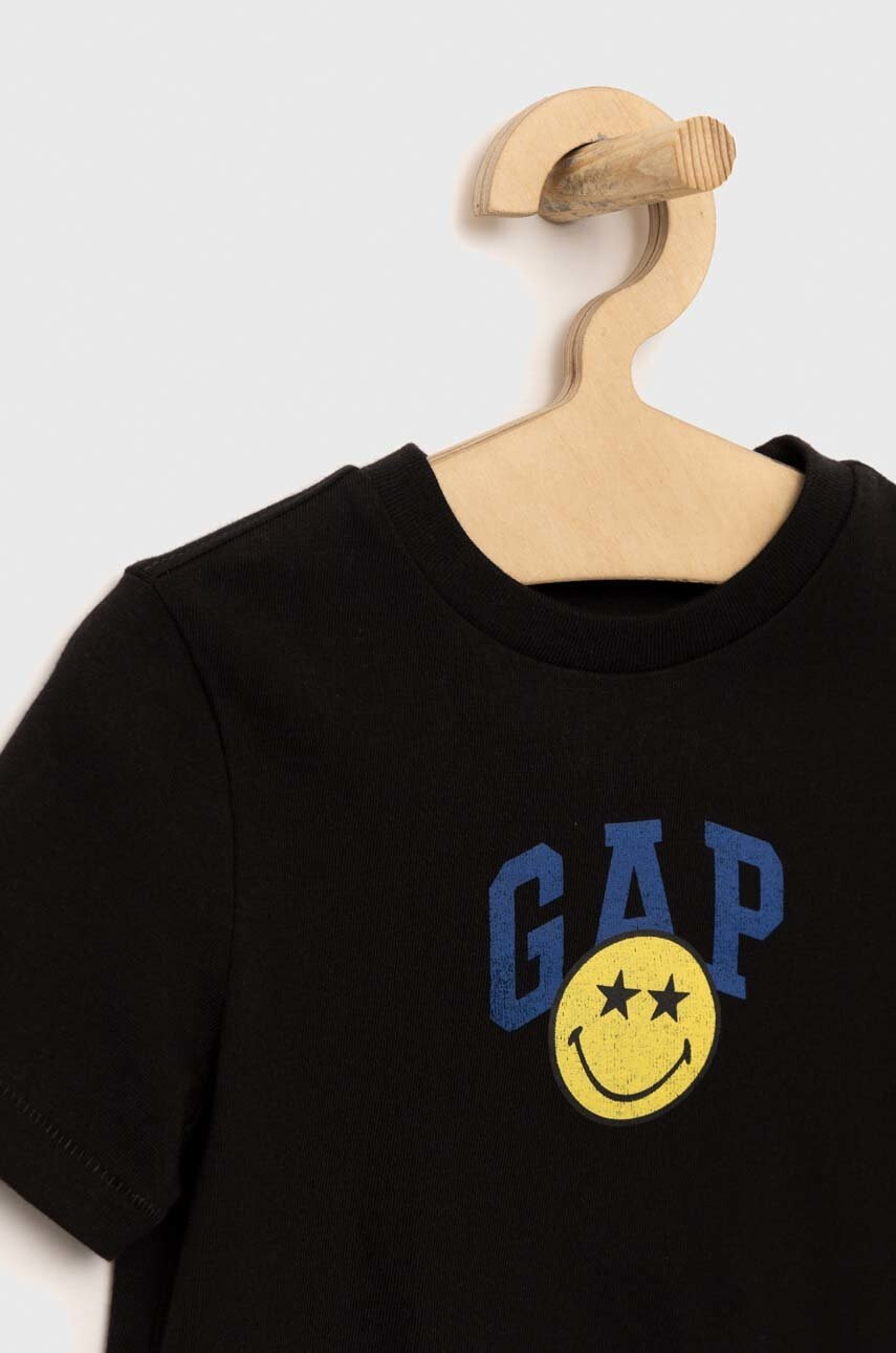 Gap Детска памучна тениска x Smiley в черно с принт - Pepit.bg
