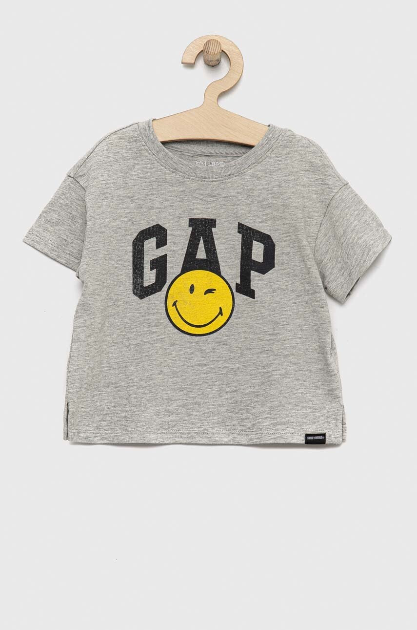 Gap Детска памучна тениска x smiley world в сиво - Pepit.bg