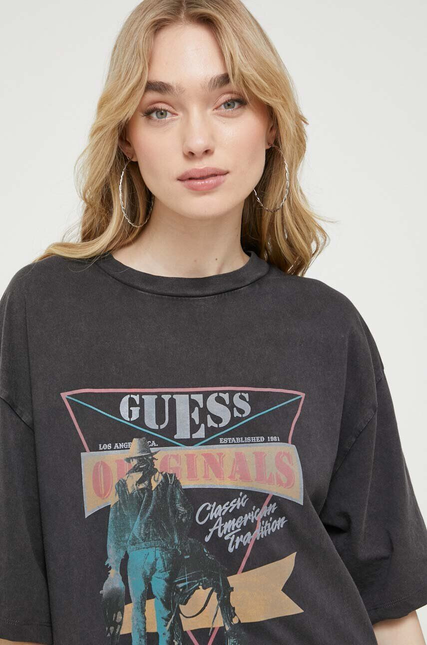 Guess Originals Памучна рокля в сиво къс модел с уголемена кройка - Pepit.bg