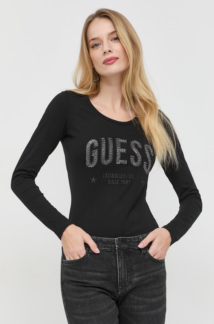 Guess Памучна блуза с дълги ръкави в черно - Pepit.bg