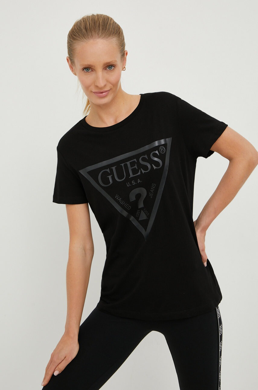 Guess Памучна тениска в черно - Pepit.bg