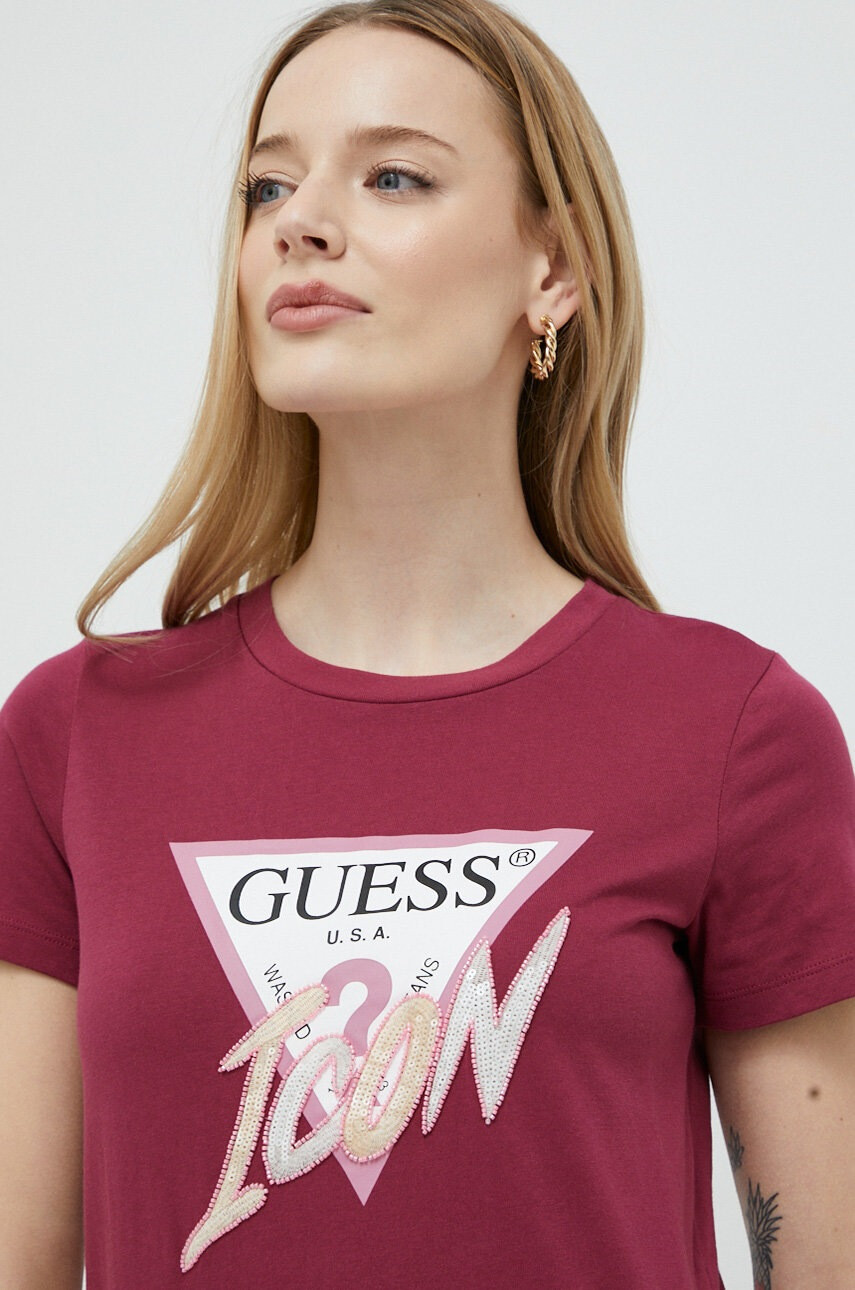 Guess Памучна тениска в бордо - Pepit.bg