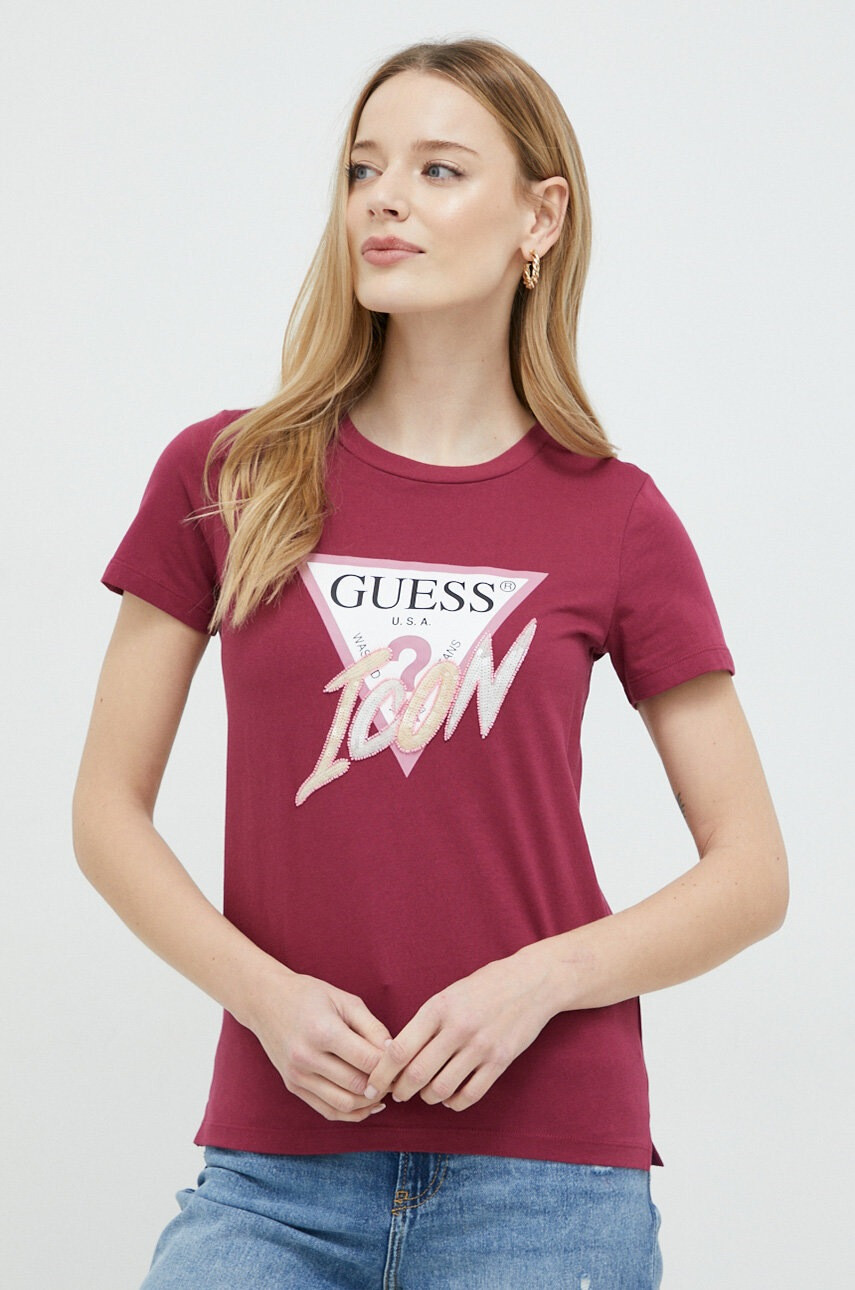Guess Памучна тениска в бордо - Pepit.bg