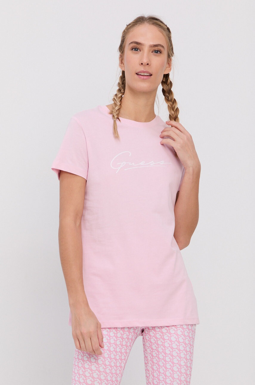 Guess Памучна тениска в розово - Pepit.bg