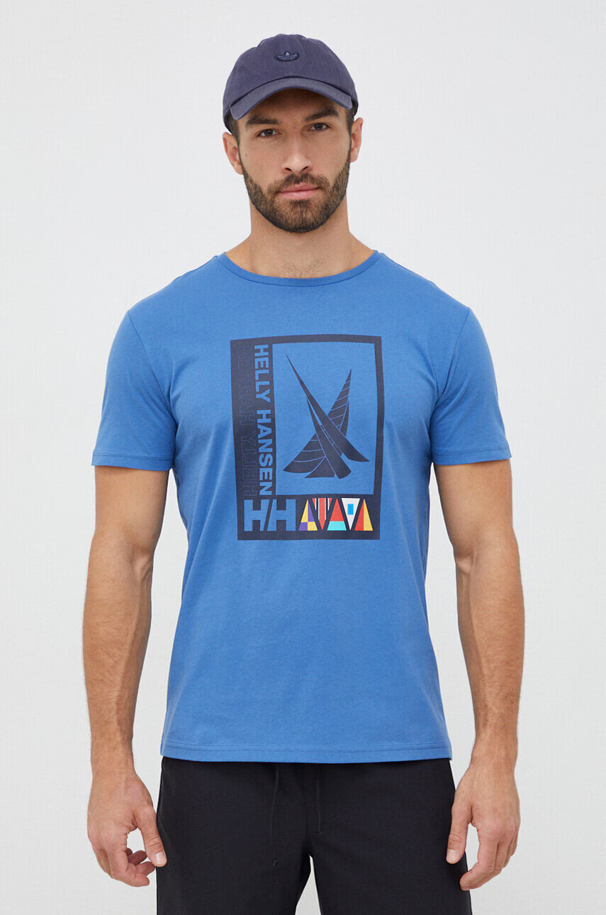 Helly Hansen Памучна тениска в синьо с принт - Pepit.bg