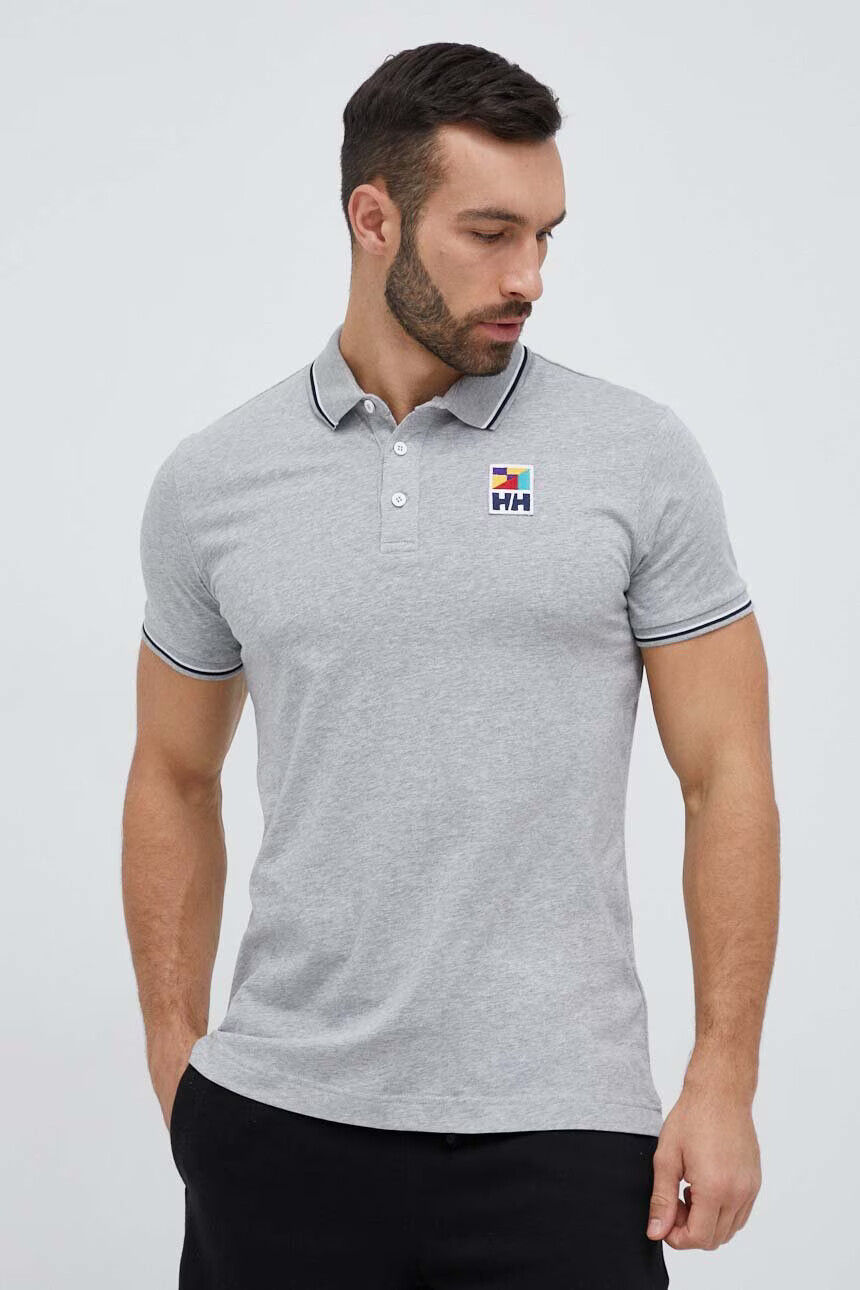 Helly Hansen Памучна тениска с яка в сиво меланж на - Pepit.bg