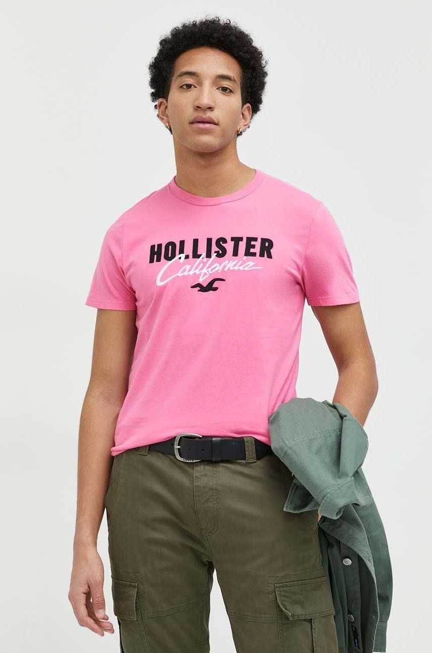 Hollister Co. Памучна тениска в розово с апликация - Pepit.bg