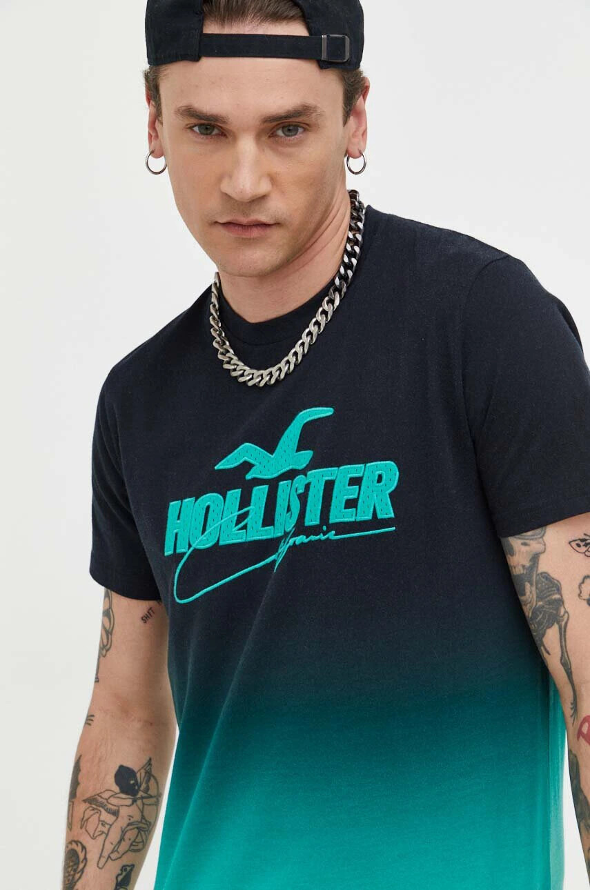 Hollister Co. Памучна тениска в черно с десен - Pepit.bg