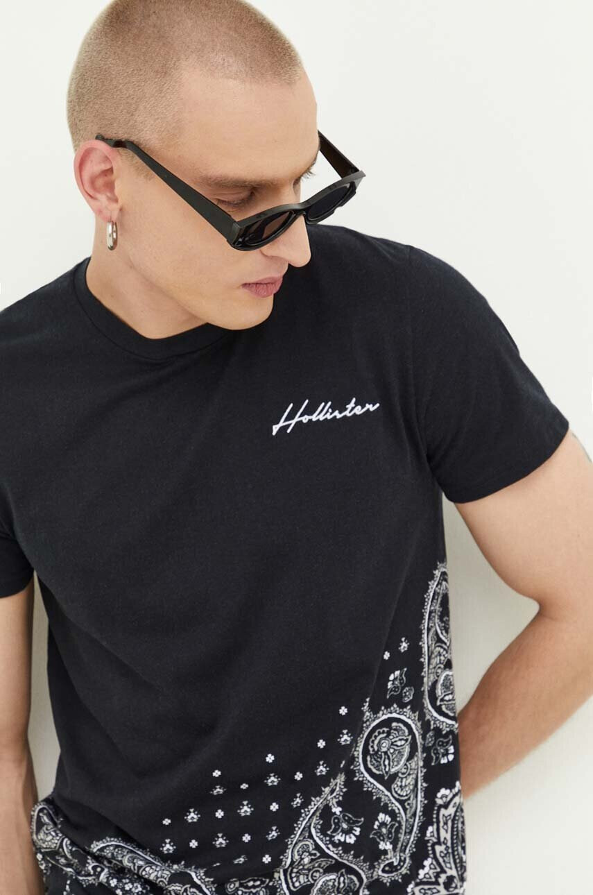 Hollister Co. Памучна тениска в черно с десен - Pepit.bg