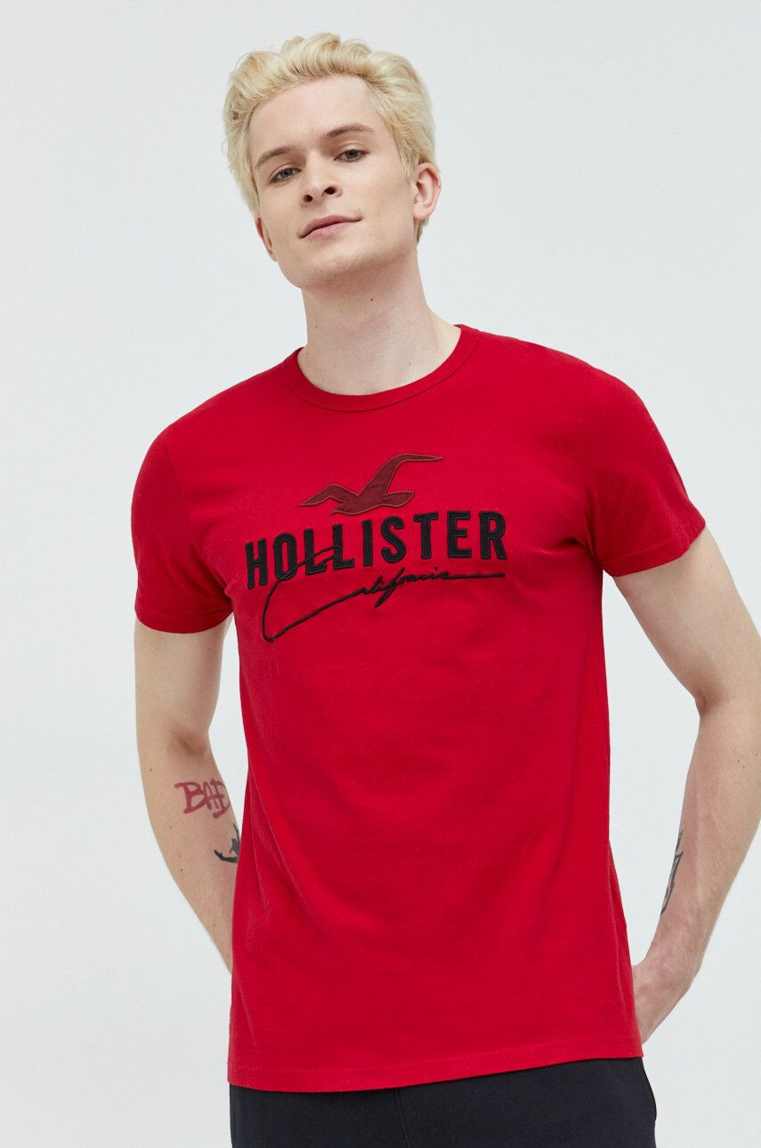 Hollister Co. Памучна тениска в червено с апликация - Pepit.bg