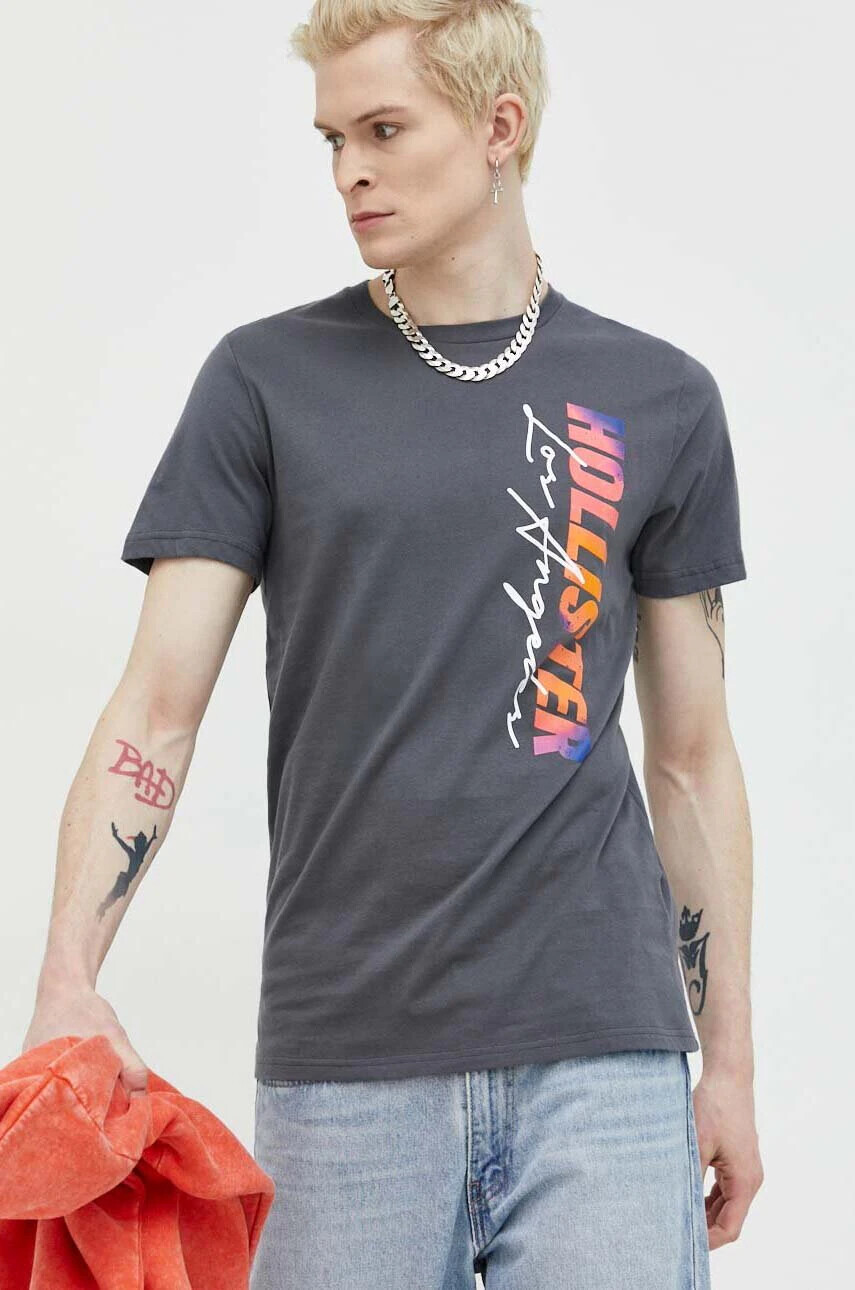 Hollister Co. Памучна тениска в сиво с принт - Pepit.bg