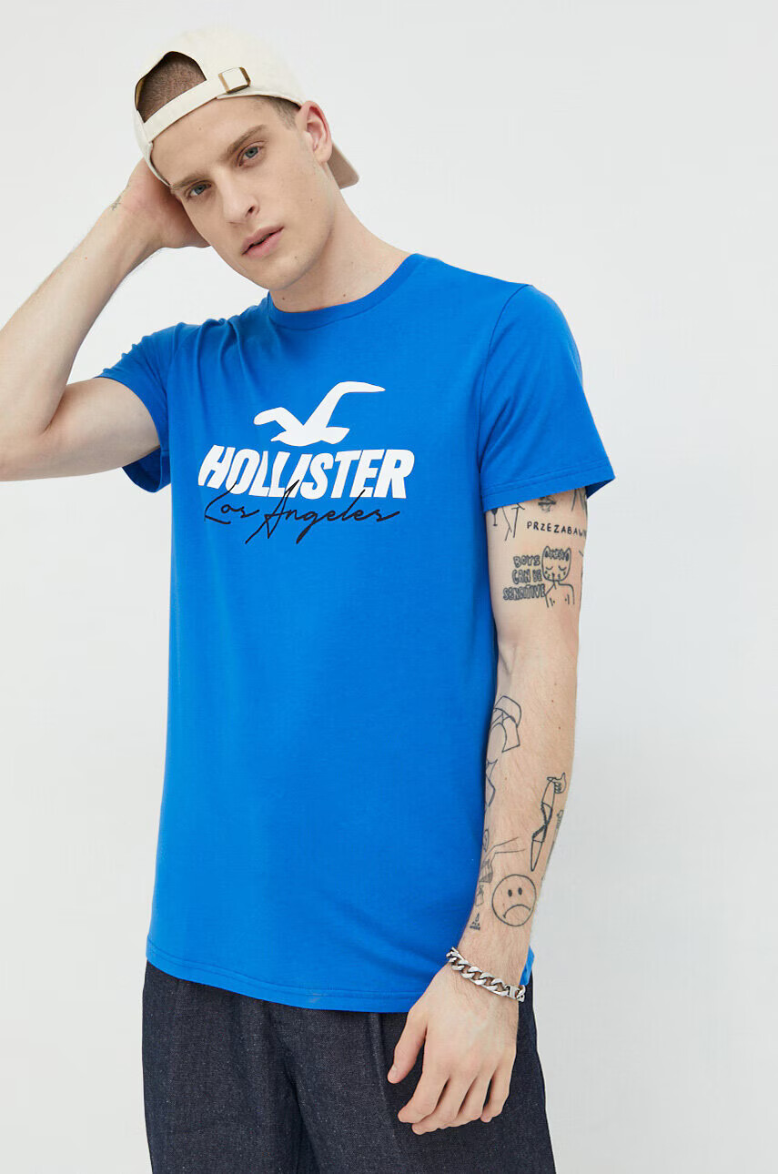 Hollister Co. Памучна тениска в синьо с принт - Pepit.bg