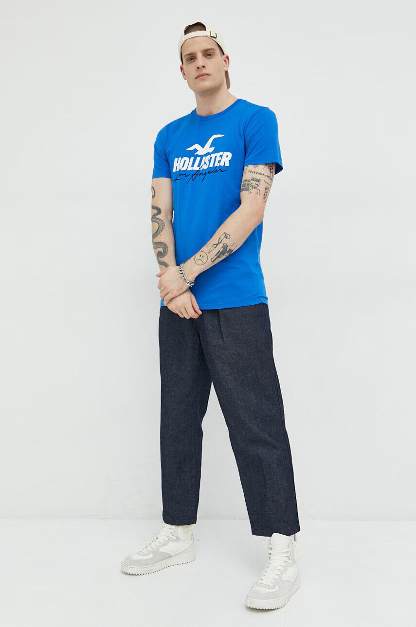 Hollister Co. Памучна тениска в синьо с принт - Pepit.bg