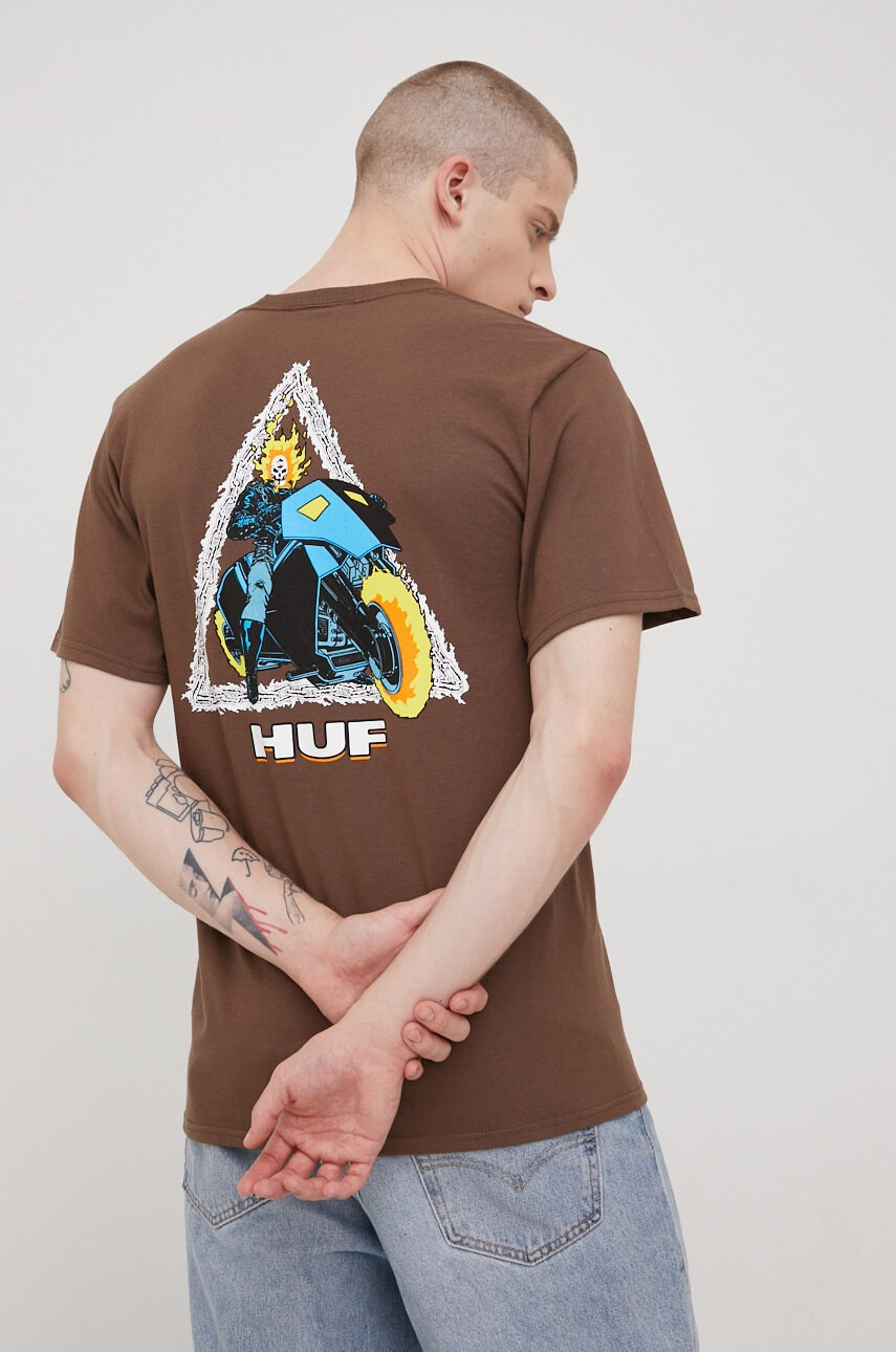 Huf Памучна тениска X Marvel в кафяво с принт - Pepit.bg