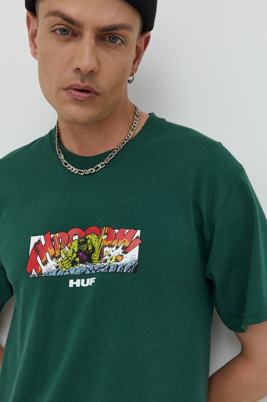 Huf Памучна тениска X Marvel Hulk в зелено с изчистен дизайн - Pepit.bg