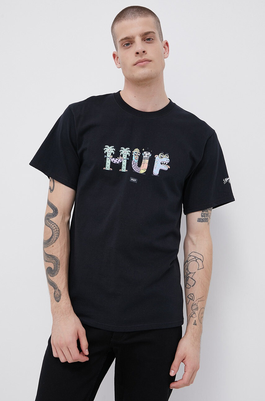 Huf Памучна тениска в черно с принт - Pepit.bg
