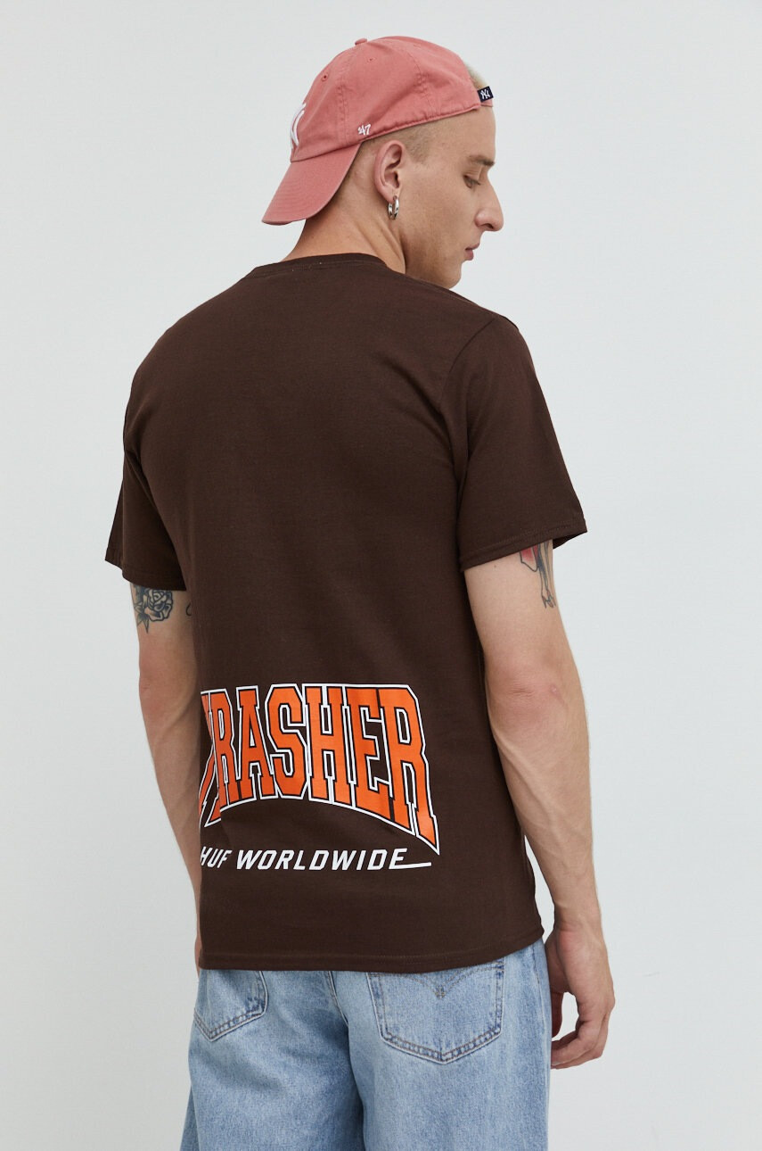 Huf Памучна тениска X Trasher в кафяво с принт - Pepit.bg