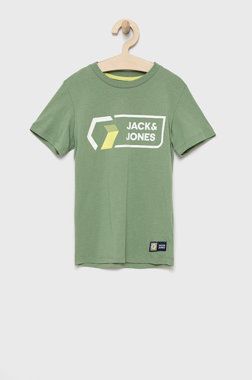 Jack & Jones Детска памучна тениска в зелено с принт - Pepit.bg