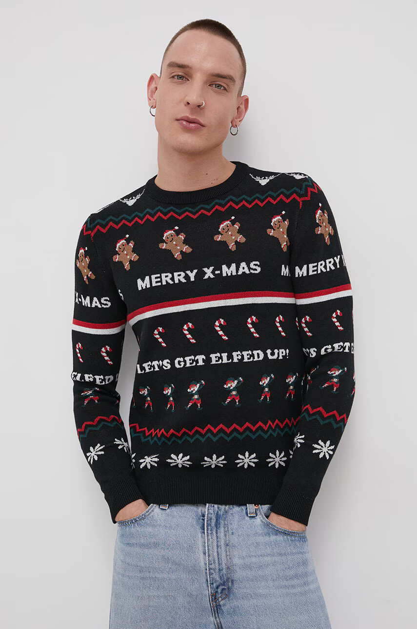 Jack & Jones Памучен пуловер мъжки в черно - Pepit.bg