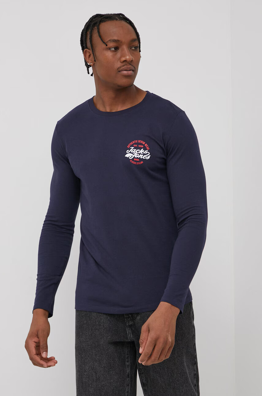 Jack & Jones Памучна блуза с дълги ръкави в тъмносиньо с принт - Pepit.bg