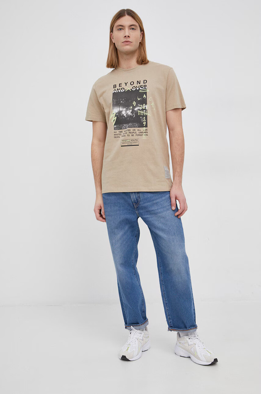 Jack & Jones Памучна тениска в бежово с принт - Pepit.bg