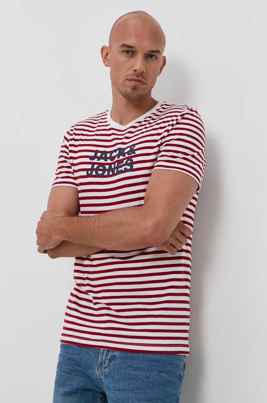 Jack & Jones Памучна тениска в червено с принт - Pepit.bg