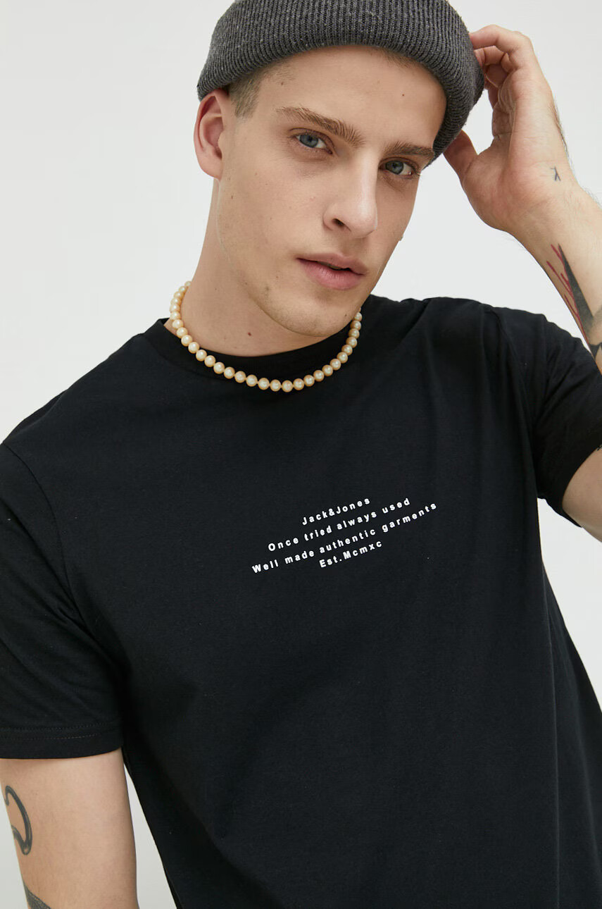 Jack & Jones Памучна тениска в черно с десен - Pepit.bg