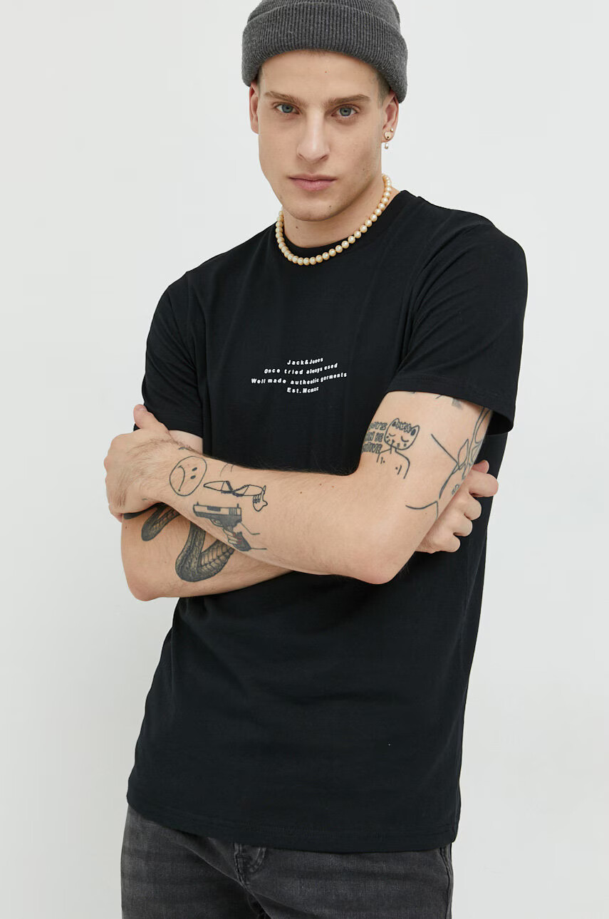 Jack & Jones Памучна тениска в черно с десен - Pepit.bg