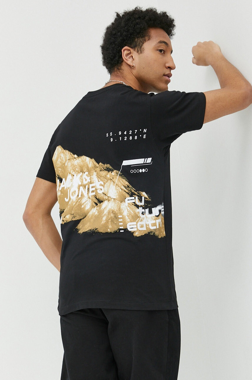 Jack & Jones Памучна тениска в черно с десен - Pepit.bg