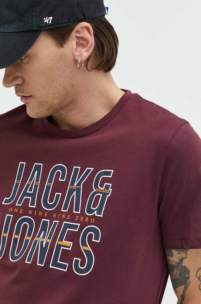 Jack & Jones Памучна Тениска в бордо с принт - Pepit.bg