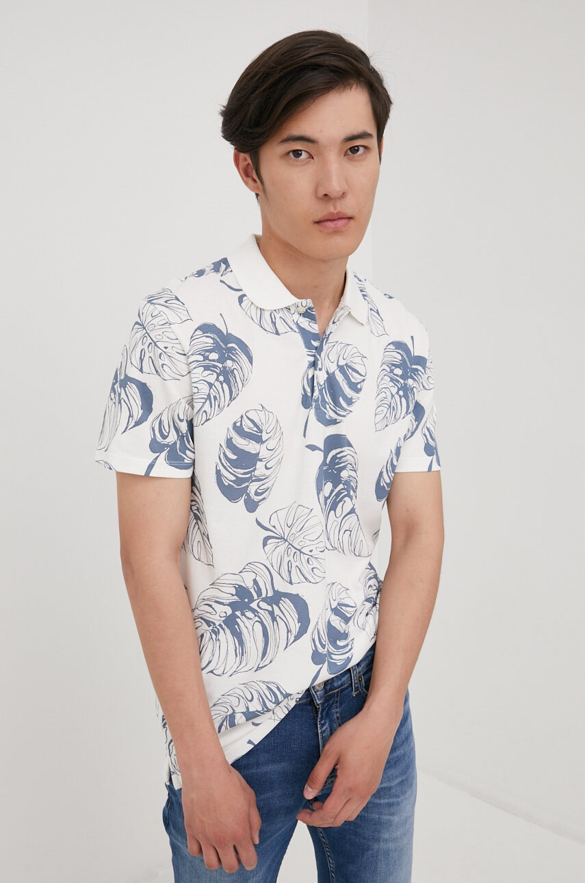 Jack & Jones Памучна тениска с яка в бяло с десен - Pepit.bg