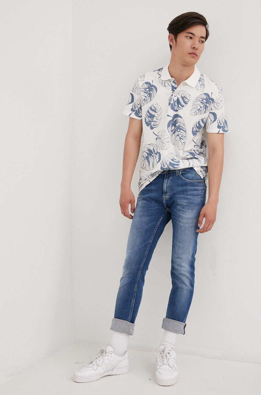Jack & Jones Памучна тениска с яка в бяло с десен - Pepit.bg