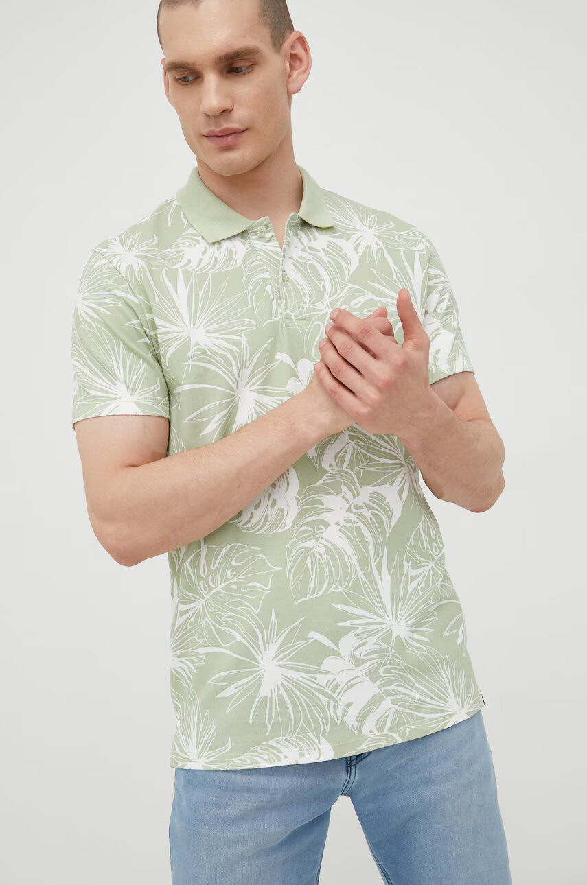 Jack & Jones Памучна тениска с яка в зелено с десен - Pepit.bg