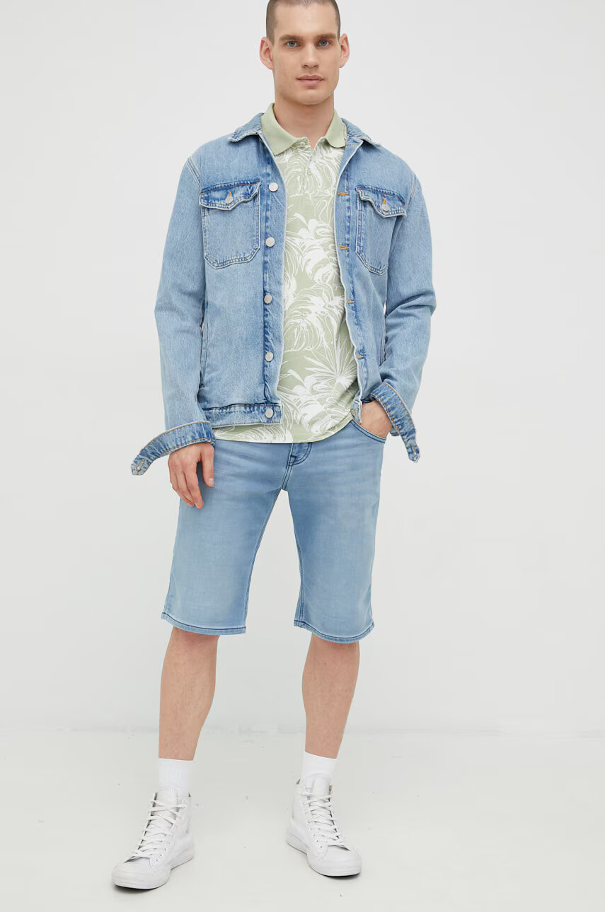 Jack & Jones Памучна тениска с яка в зелено с десен - Pepit.bg
