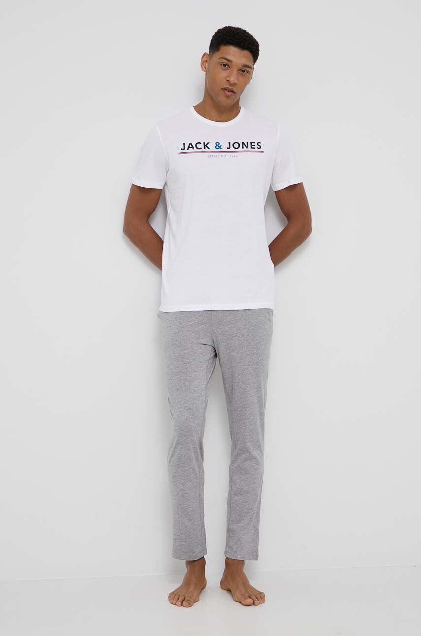 Jack & Jones Памучно горнище на пижама с къси ръкави в бяло с принт - Pepit.bg