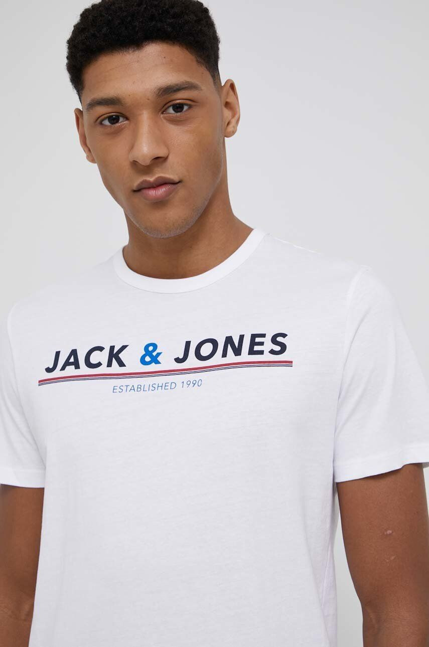 Jack & Jones Памучно горнище на пижама с къси ръкави в бяло с принт - Pepit.bg