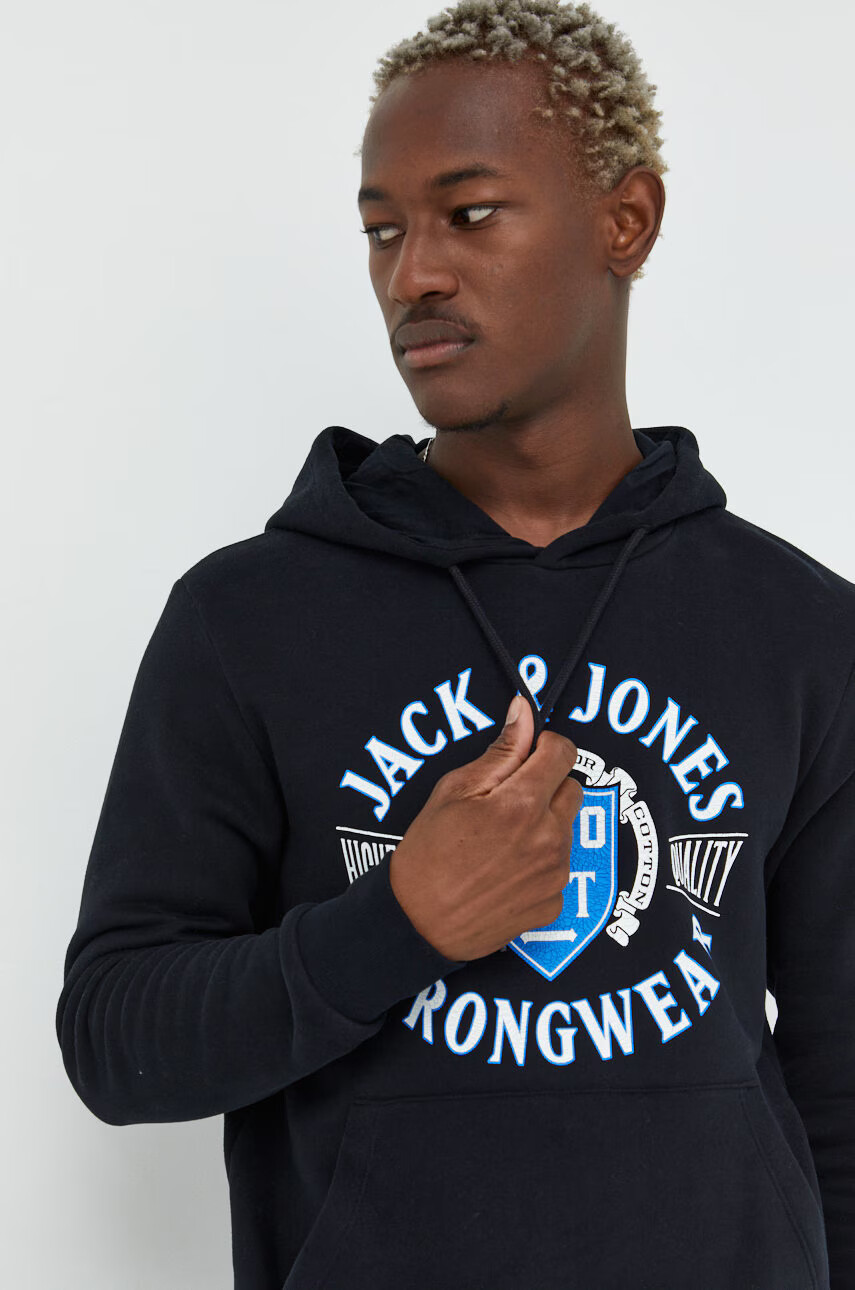 Jack & Jones Суичър в черно с качулка с принт - Pepit.bg