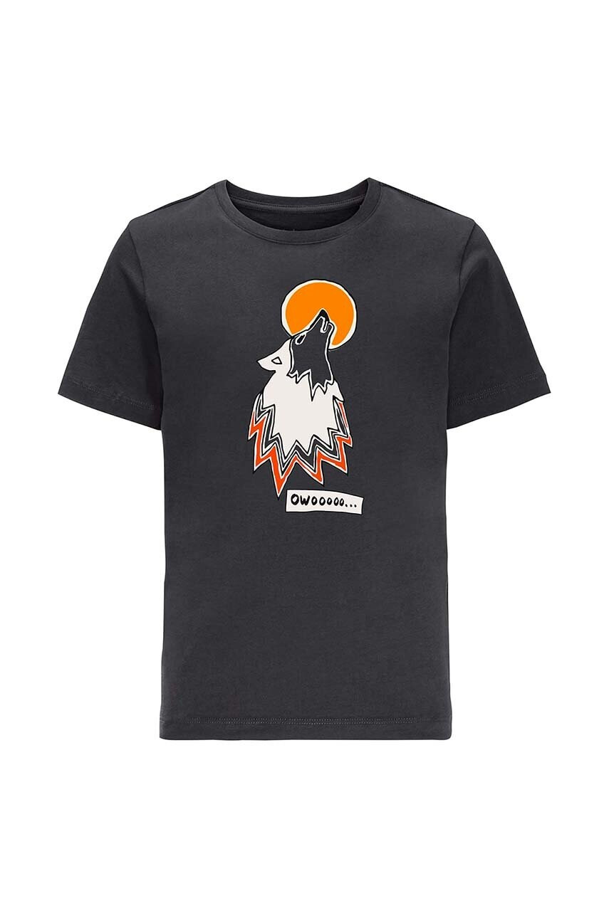 Jack Wolfskin Детска памучна тениска WOLF & VAN T B в черно с принт - Pepit.bg