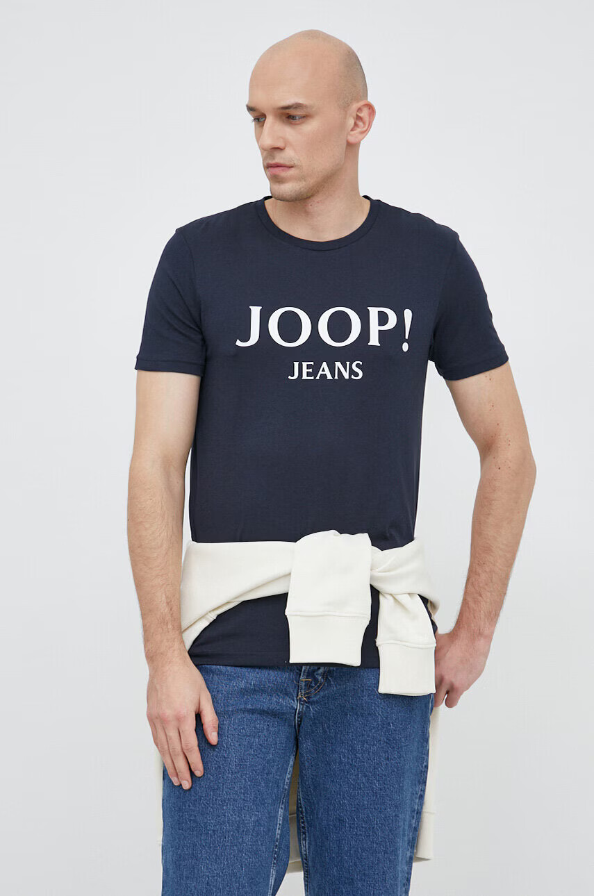Joop! Памучна тениска в тъмносиньо с принт - Pepit.bg