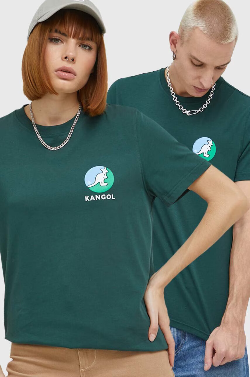 Kangol Памучна тениска в зелено с принт - Pepit.bg