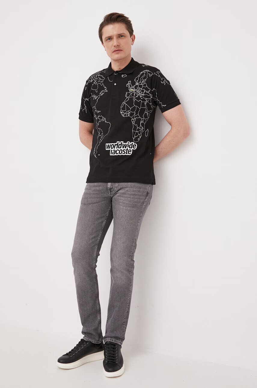 Lacoste Памучна тениска с яка в черно с принт - Pepit.bg