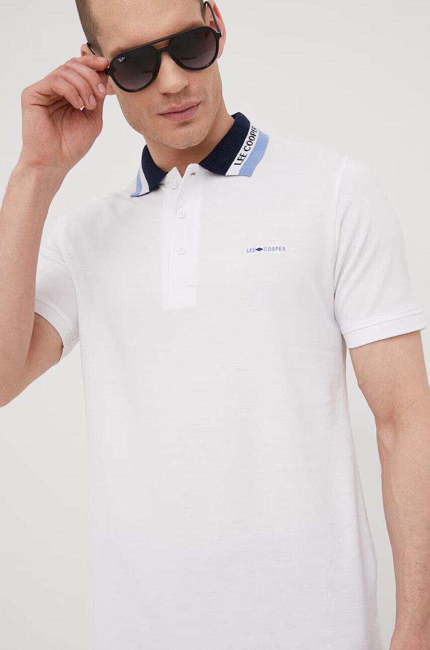 Lee Cooper Памучна тениска с яка в бяло с десен - Pepit.bg