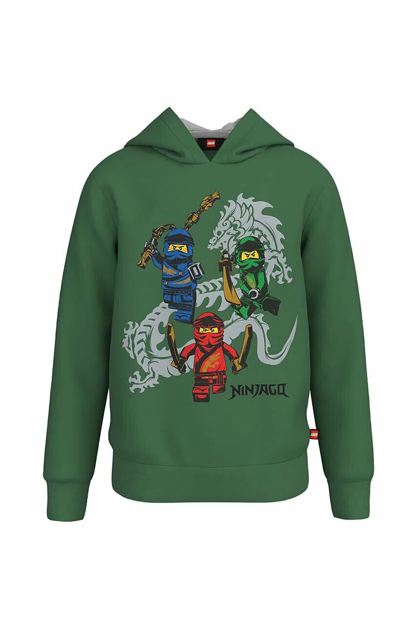 Lego Детски памучен суичър Ninjago в зелено с качулка с принт - Pepit.bg