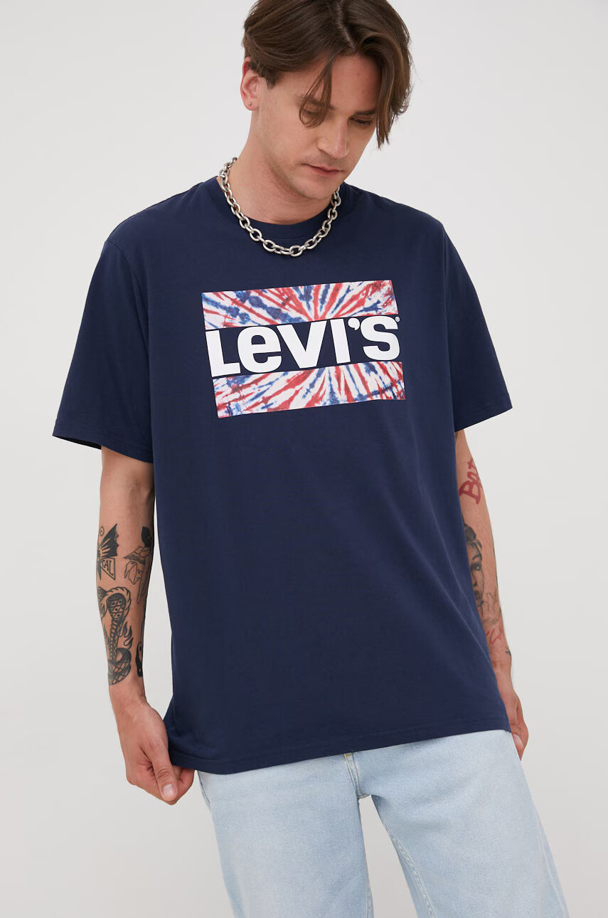 Levi's Памучна тениска в тъмносиньо с принт - Pepit.bg