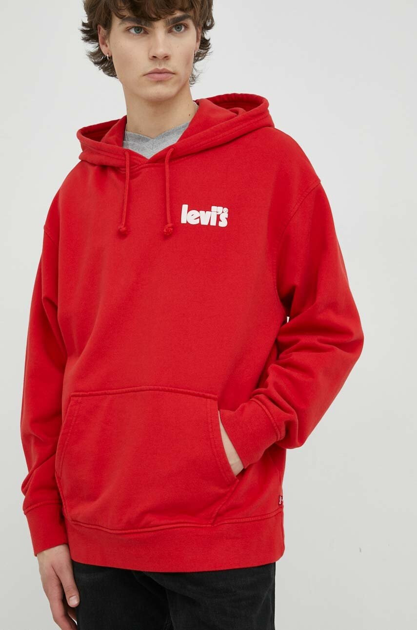 Levi's Памучен суичър в червено с качулка с принт - Pepit.bg