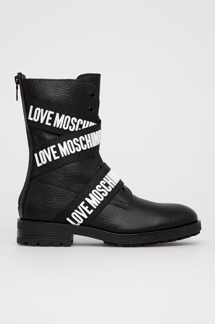 Love Moschino Кожени боти дамски в черно с равна подметка - Pepit.bg