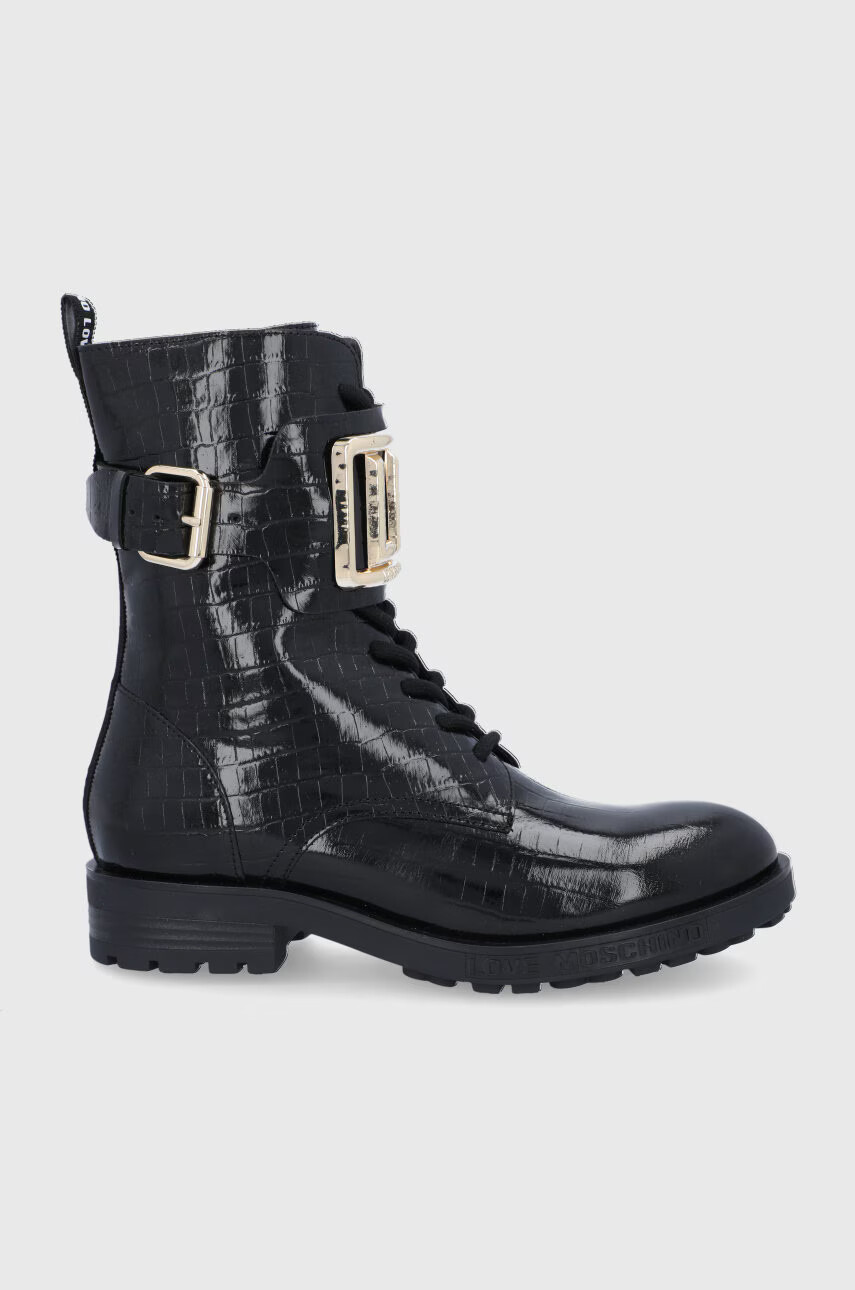 Love Moschino Кожени боти в черно с равна подметка - Pepit.bg