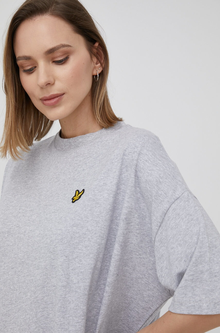 Lyle & Scott Памучна рокля в сиво къс модел с уголемена кройка - Pepit.bg