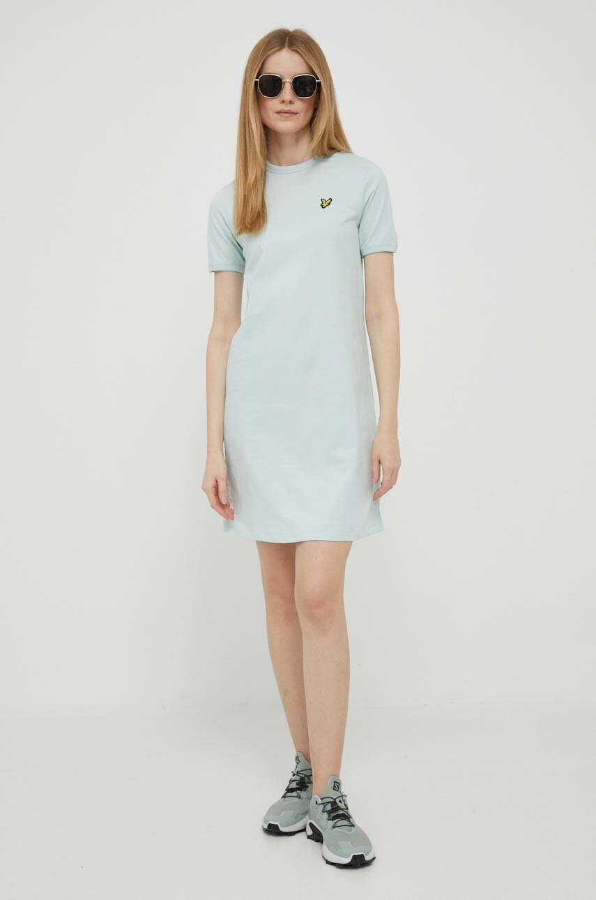 Lyle & Scott Памучна рокля в тюркоазено къс модел със стандартна кройка - Pepit.bg