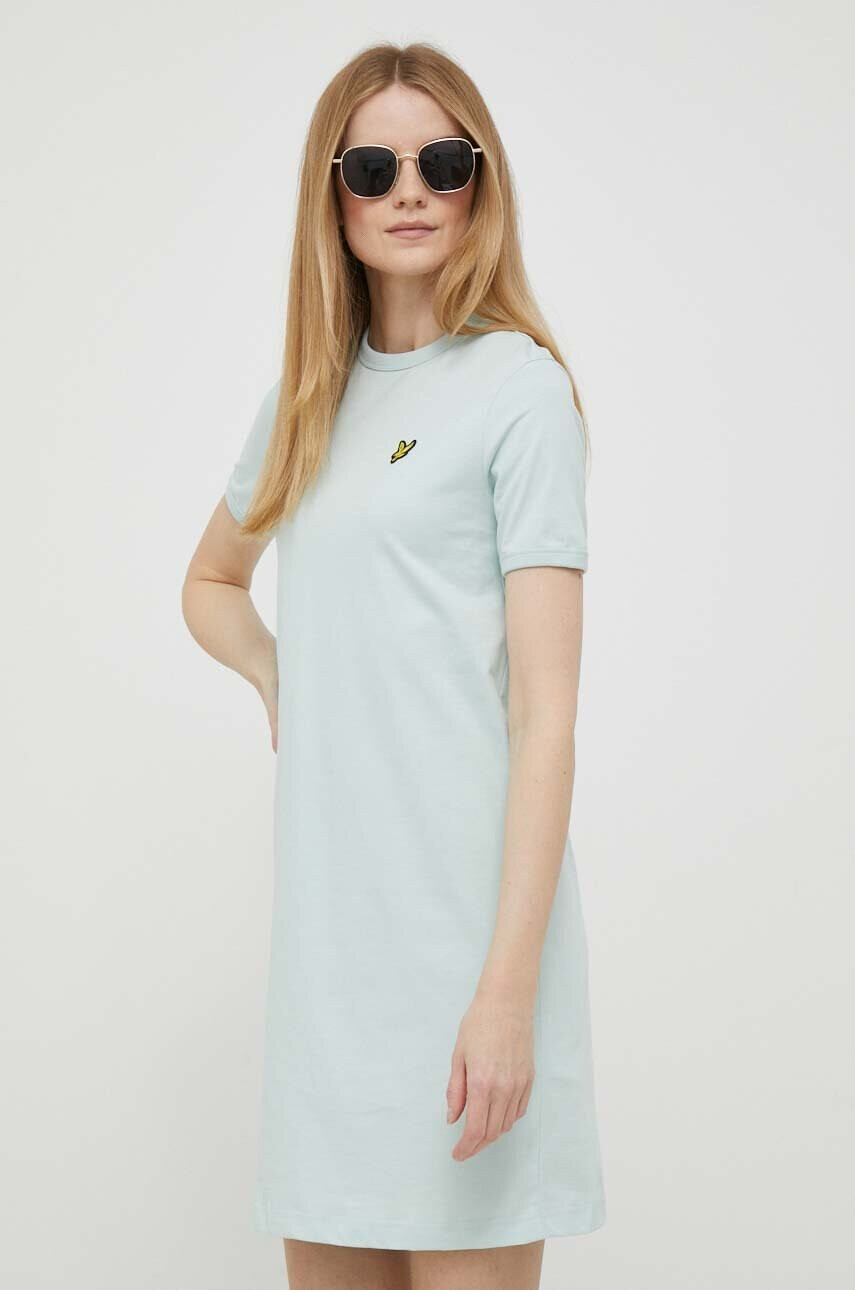 Lyle & Scott Памучна рокля в тюркоазено къс модел със стандартна кройка - Pepit.bg